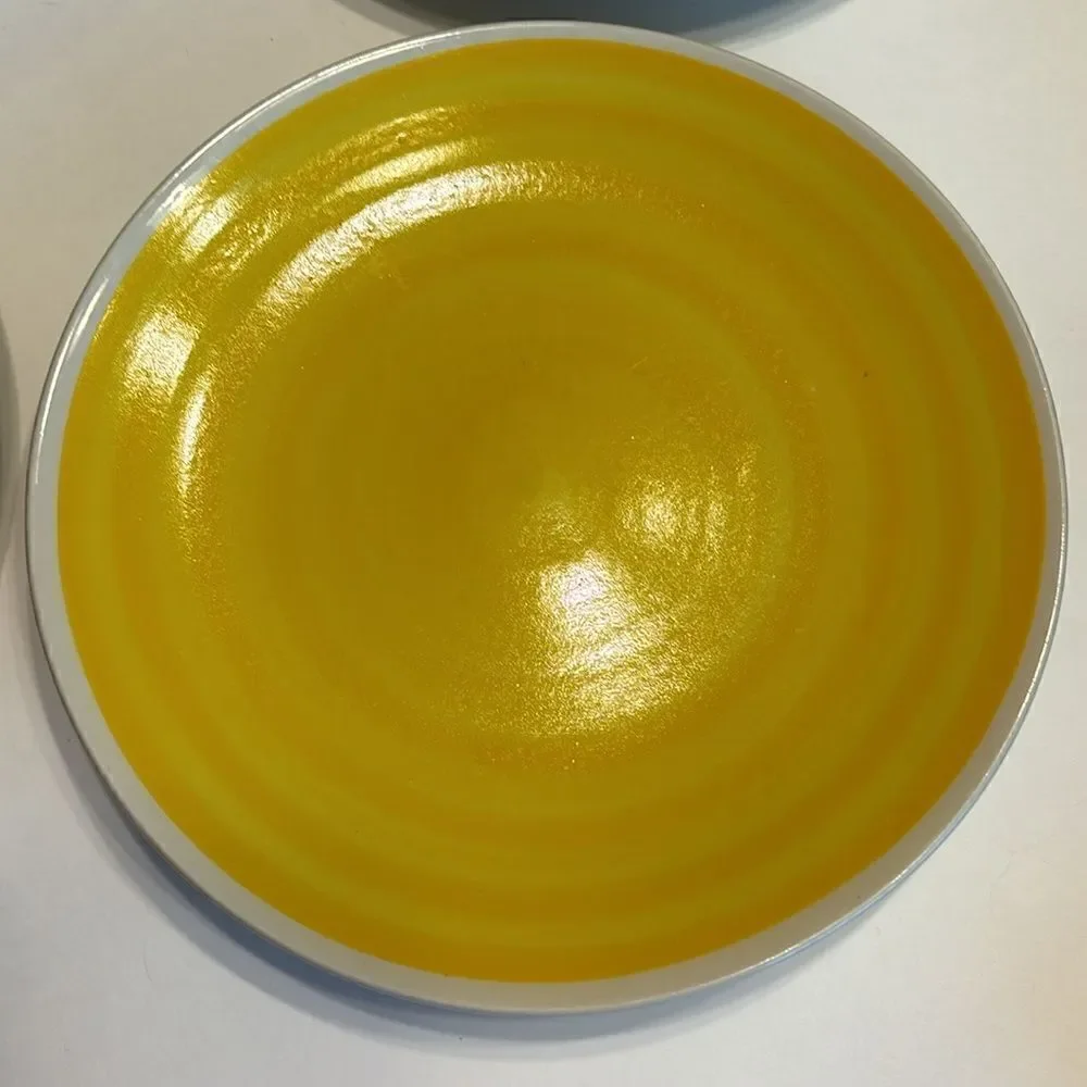 West Elm Set Of 4 Yellow Circles Ceramic Salad Lunch Plates 9”